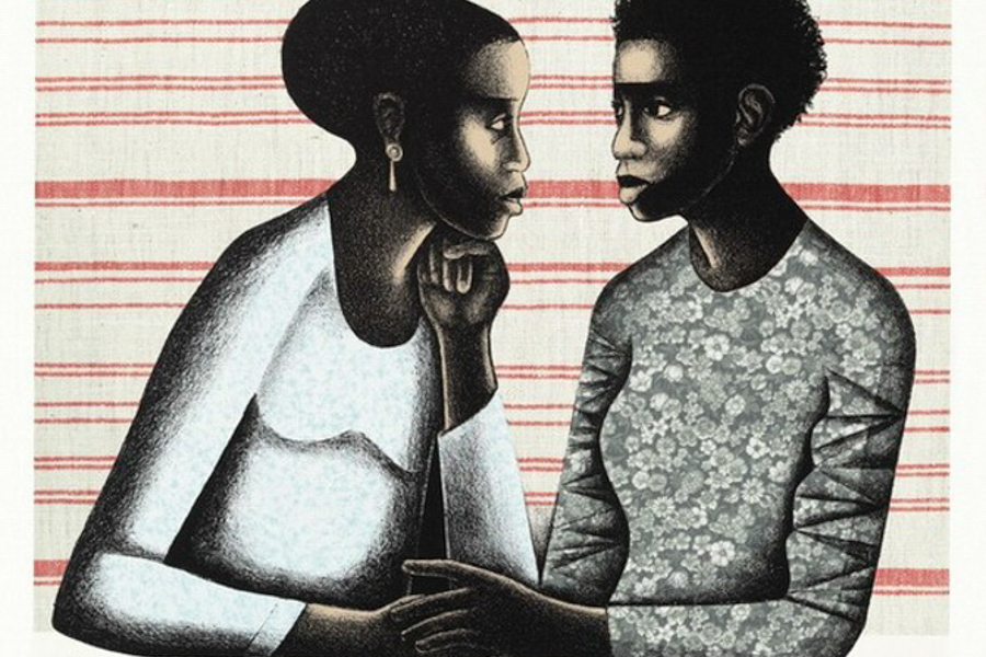 Illustration of two people sitting closely, gazing into each other's eyes against a striped background.